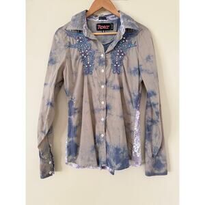 Roar Destined Western Button Shirt M Rhinestone Embellished Embroidered Bling